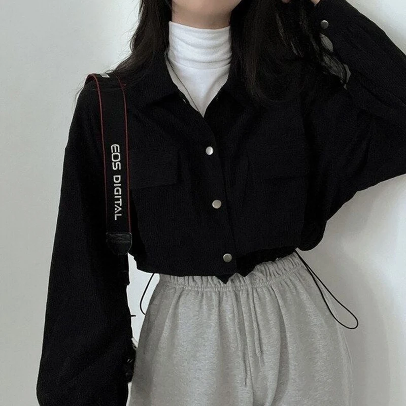 Rimocy Chic Pockets Long Sleeve Cropped Blouse for Women Corduroy Drawstring Short Jacket Woman Korean Wild Solid Color Coats