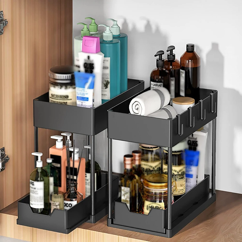 2Tier Under Sink Organizer Sliding Cabinet Basket Organizer with Hooks Hanging Cup Storage Rack Bathroom Kitchen Organizer Black