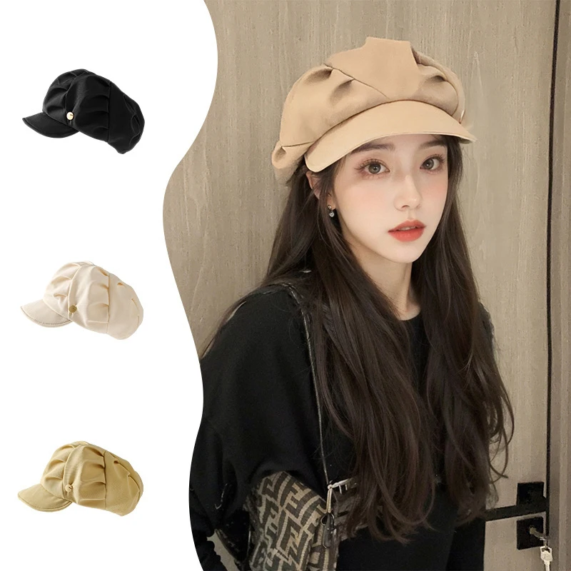 Pleated Cloud Hat Autumn Winter Retro Beret French Artist Warm Hat Beret Women's Solid Octagonal Hat Fashionable Girls' Cap