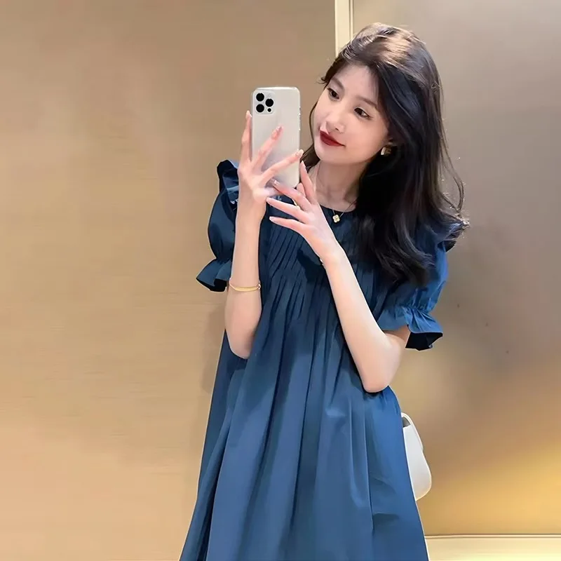 Maternity Summer Dress Short Sleeve O-Neck Puff Sleeve High Waist Pregnant Women Cotton Dress Loose Pregnancy Clothes Wholesale