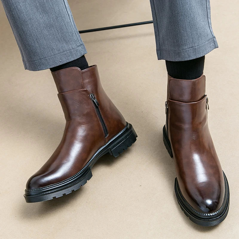 Round Toe Shoes Men\'s High Top Footwear Classic Retro Leather Chelsea Boots Side Zipper Fashion Ankle Boots Male Business Shoes