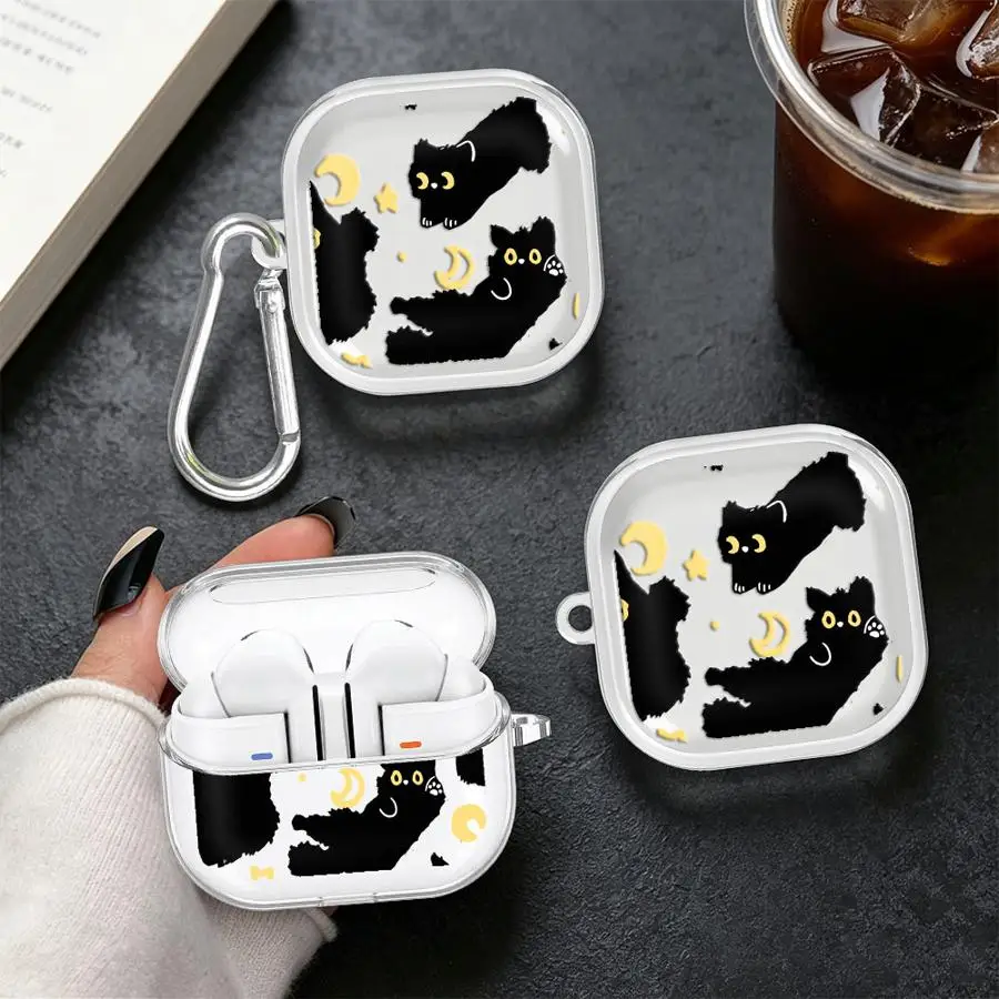 Case For Samsung Galaxy Buds 4Pro 4 Pro 2 3Pro 2Pro Live 3 FE Clear Earphone Cases Cover With Hook Cute Creative Cat