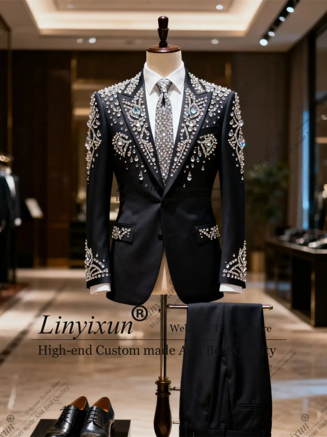 

Элегантный мужской костюм из двух предметов со стразами и бриллиантами, смокинг для жениха, свадьбы, дня рождения, на заказ, мужские пиджаки, приталенный крой, Ropa hombre