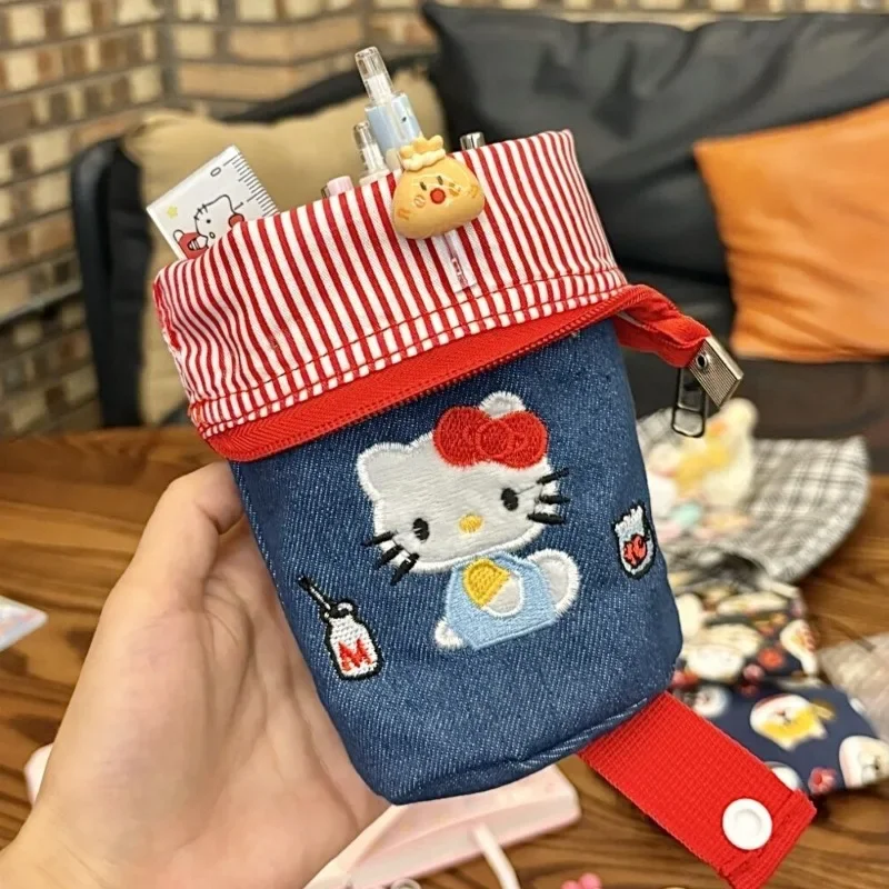 Cute Hellokittys Denim Handbag Sanrios Girly Heart Anime Kawaii Large Capacity Stationery Pen Bag Portable Commuting Storage Bag