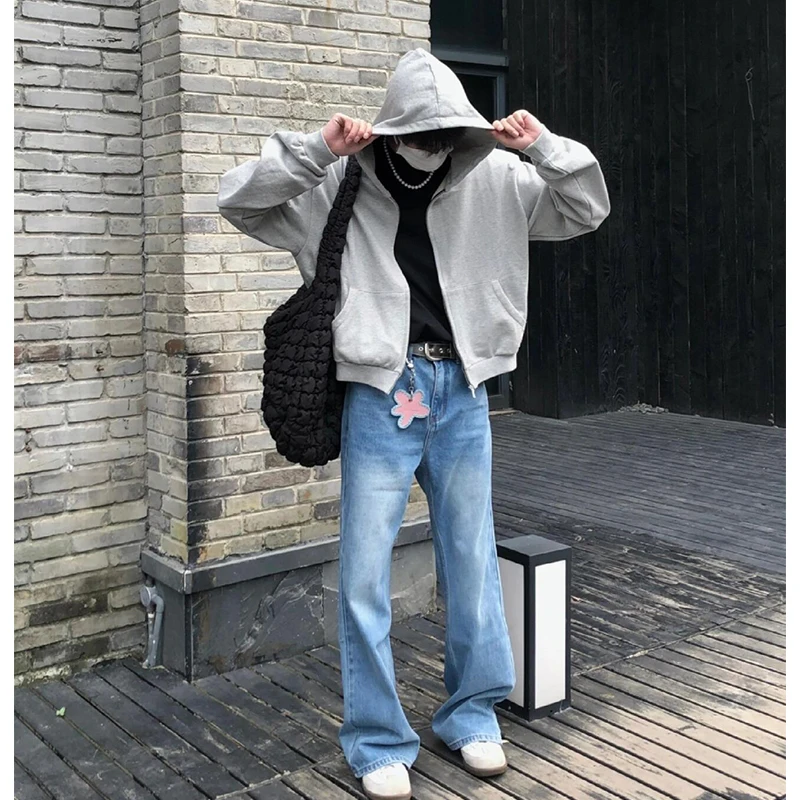 

Ice Blue Men's Knife Jeans Straight Leg Slimming Micro Flared Long Trousers Cool Haome High Waist Denim Jeans