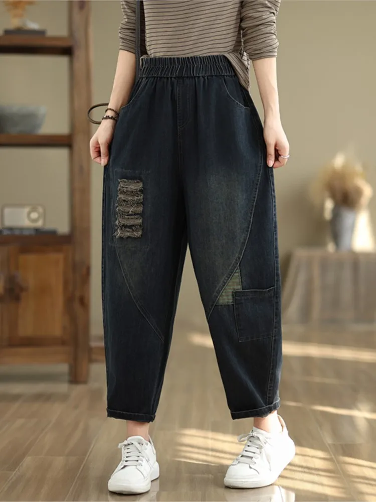 Jeans Autumn Winter Long Harem Pant Women Retro Fashion Elastic High Waist Ladies Trousers Oversized Loose Pleated Woman Pants