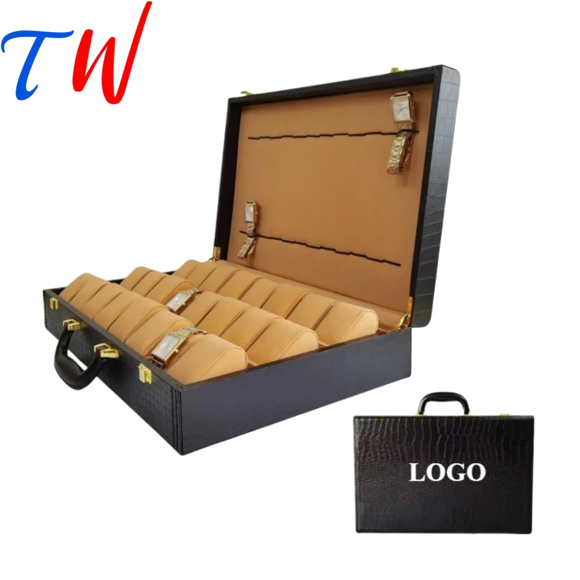 

Deluxe Crocodile-Embossed PU Leather Watch Case Gold-Tone Lock Velvet-Lined Jewelry Box Custom Logo Watch Display&Travel OEM
