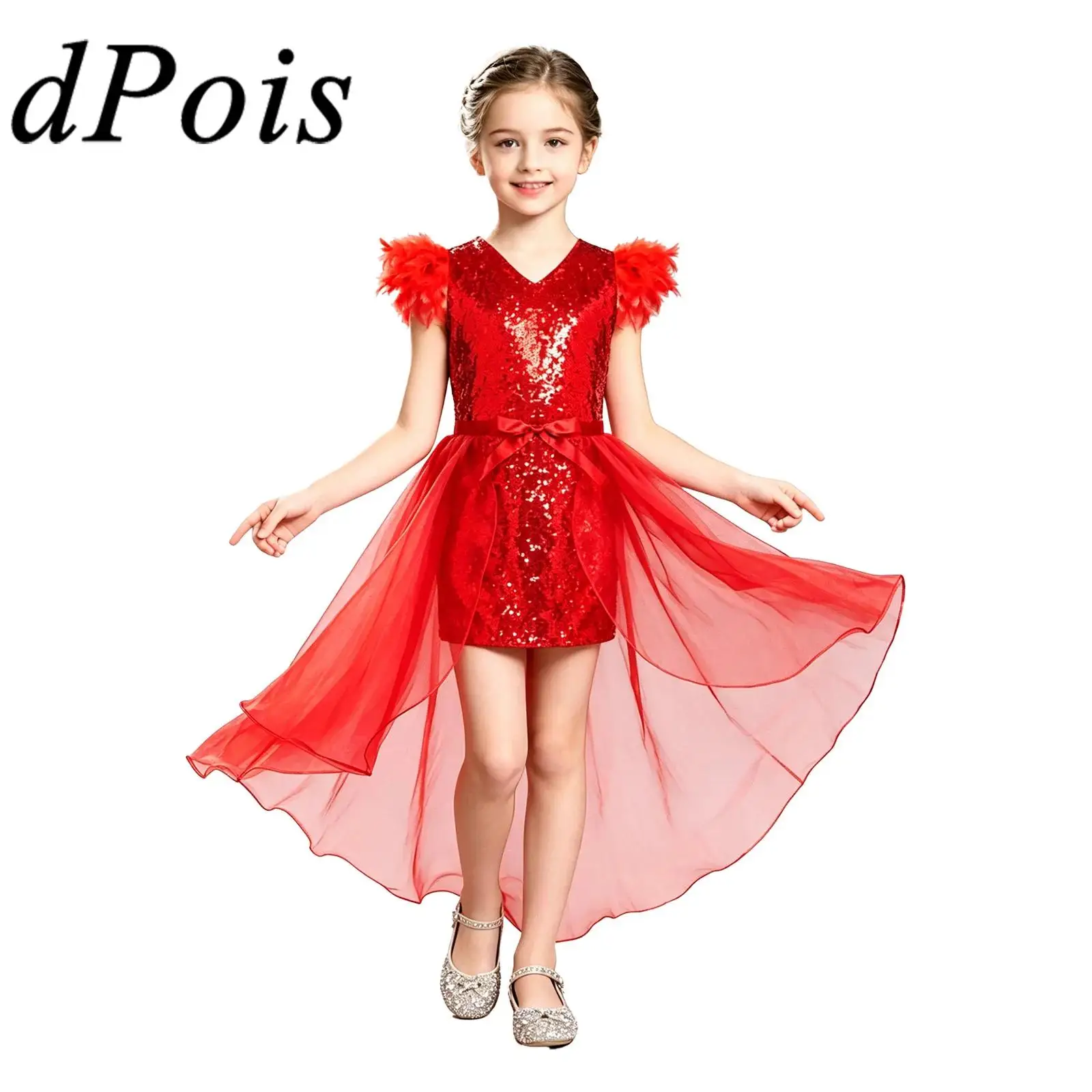 

Kids Girls Modern Dancewear Glitter Sequin Dress Performance Feather Shoulders Bodycon Dress with Sheer Overskirt Pageant Gowns