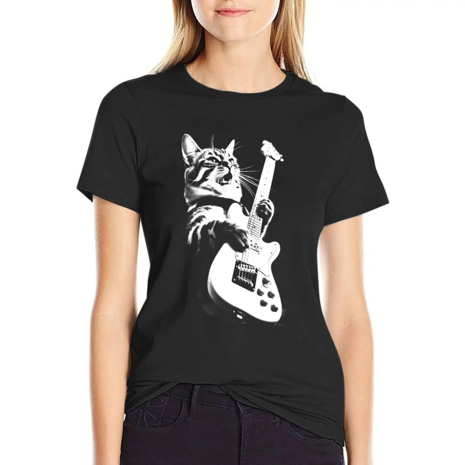 

Rock Cat Playing Guitar Funny Guitar Cat T-Shirt summer top Blouse Women's tee shirt