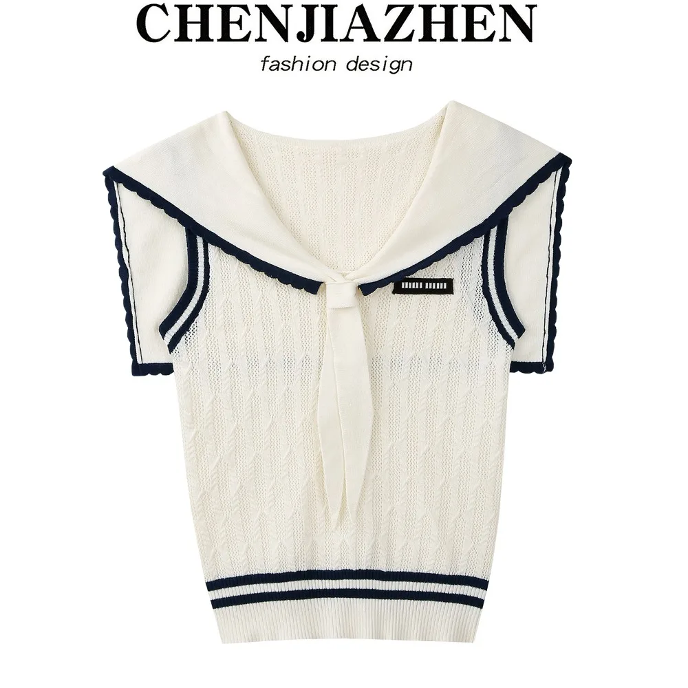 

American Sweet Niche Design Slim Navy Collar Knit T-shirt Vest Women Sleeveless Vest Top Faionable Summer Wear Young Women Sexy