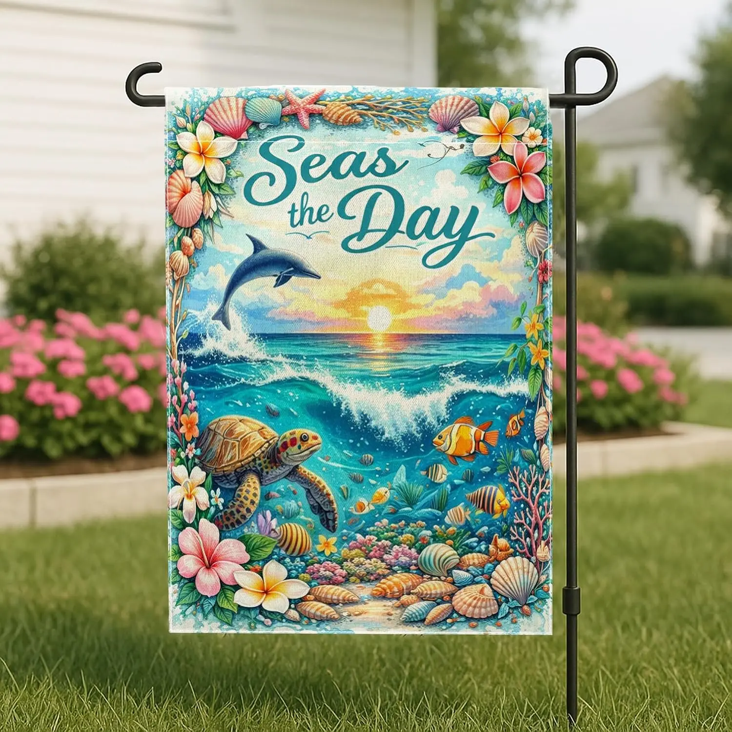 Dolphin Garden Flag, Coastal Tropical Turtle Coral Summer Blue Double Sided Burlap Decorative Outside Flags for Outdoor Fron MMZ