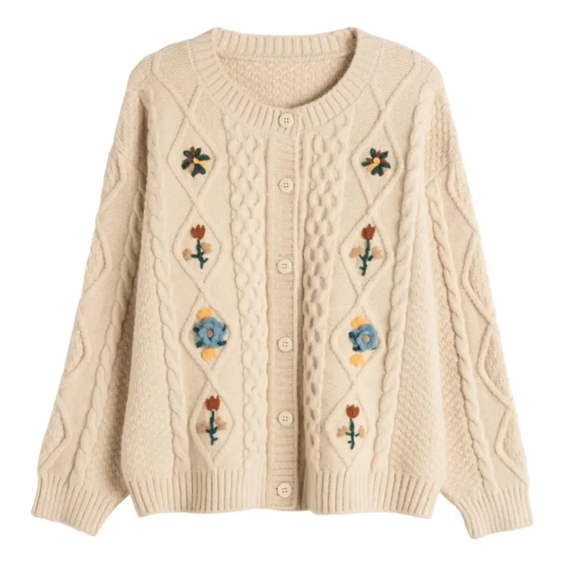 Vintage Embroidered Sweater Coat Women\'s Clothing Spring Autumn 2024 New Knitted Cardigan Short Jacket Round Neck Female Tops