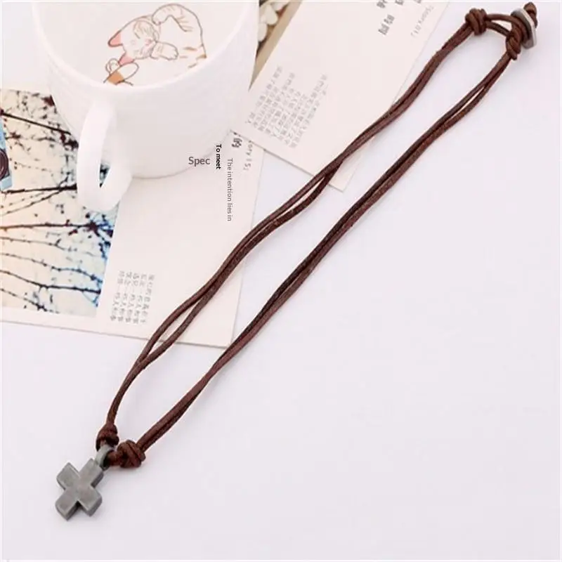 Fashion Retro Cross Pendant Necklace Tarnish Resistant Alloy Leather Rope Necklace Unisex for Adults