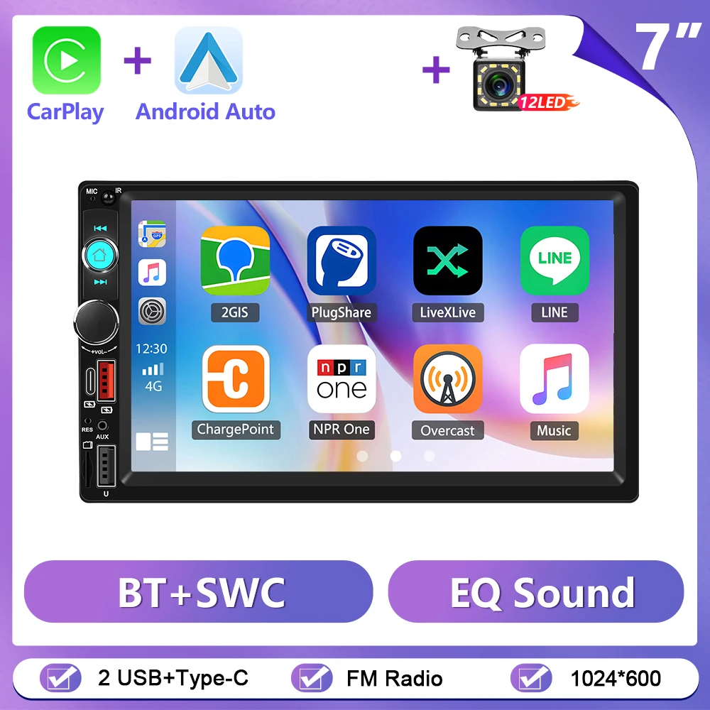 Podofo 2 Din autoradio 7 inch touchscreen HD MP5 multimediaspeler Bluetooth draadloze Carplay/Android Auto