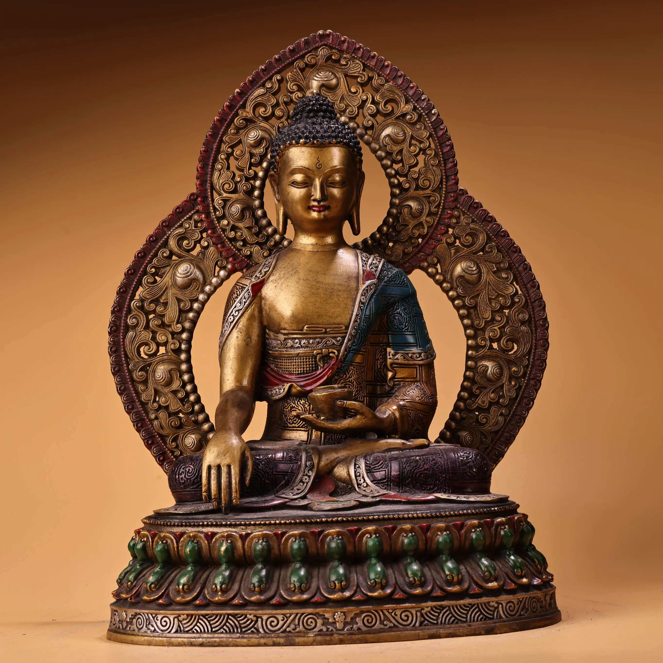 Antique Old Bronze Painted Gilt Shakyamuni Buddha Statue Serene Face Heavy Patina Fine Craftsmanship Home Decor