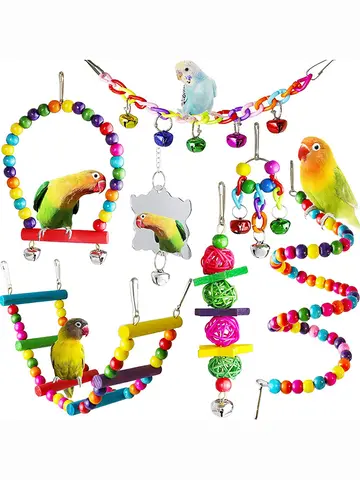 7pcs Pack Wood Parrot Toys Bird Toy Cage Bird Accessories  Swing Suspension Bridge Ball Cage Bells Pet Supplies Set