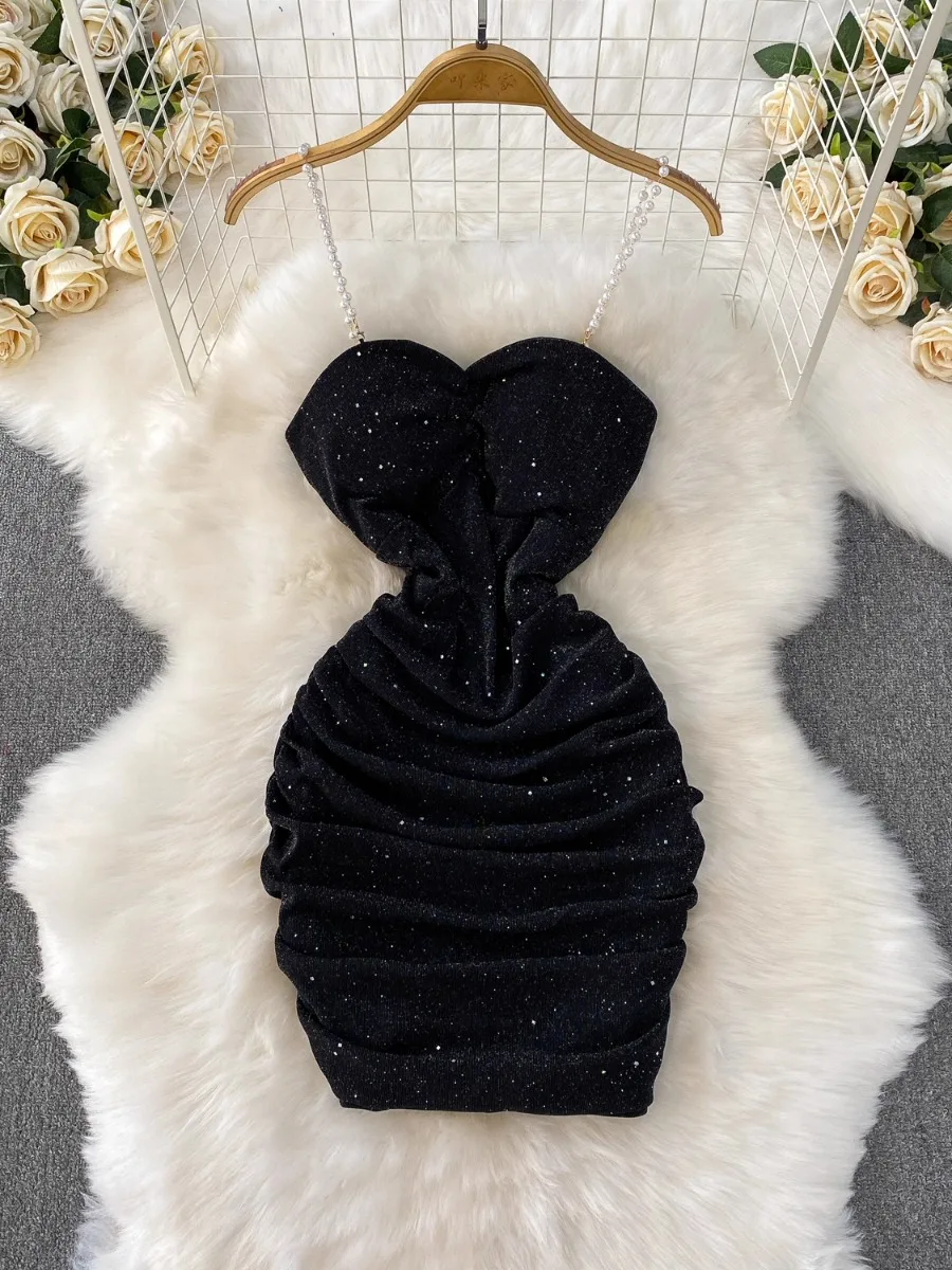 فستان Foamlina صيفي مرصع بالنجوم بتصميم السماء المرصعة بخصر مطوي بقصة ضيقة فستان قصير مثير برغبة نقية فستان بدون ظهر #2