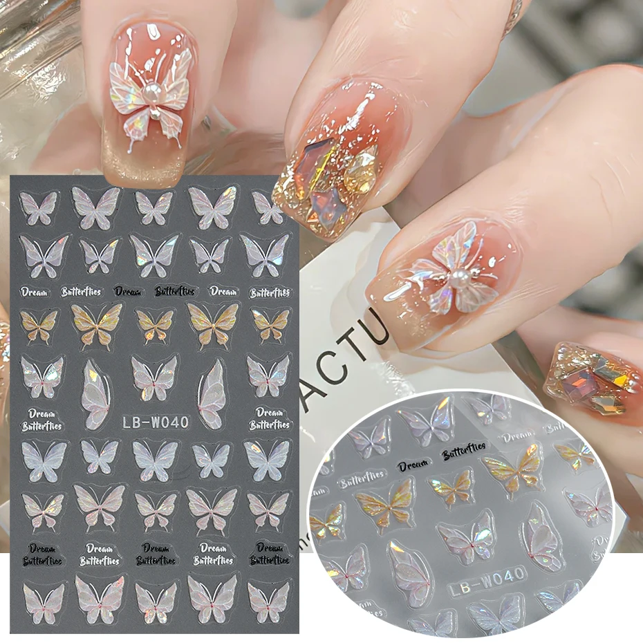 Laser Butterfly Nails Stickers 3D Relief Fairy Shiny Colourful Butterflies Design Decals Manicure Nail Charms Ornament #LB-W040