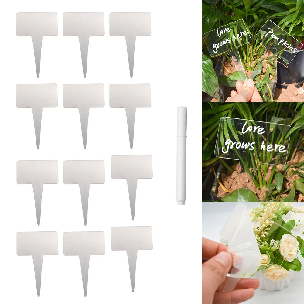 12PCS Transparent Acrylic Label Sheets With Marker Herb Signs Plant Tag T-Type Markers Gardening For Outdoor Pots Greenhouses