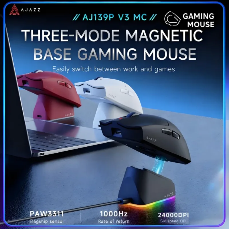 

AJAZZ AJ139P V3 MC/MAX Tri-mode Gaming Mouse with Magnetic Base PAW3311/PAW3395 Lightweight 69g Low Latency Mouse 1000Hz Mice