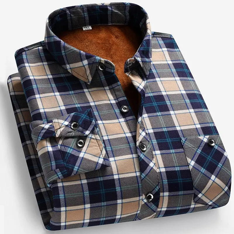 

New Autumn and Winter Fashion Trend With Thick Fleece and Warm Plaid Shirt For Men's Casual Loose Sports Long Sleeved Shirt