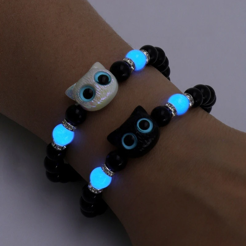 Pulseras luminosas de gato de ojo grande para mujer, colgante de Animal de dibujos animados, cadena de mano con cuentas, pulsera de amistad, regalo