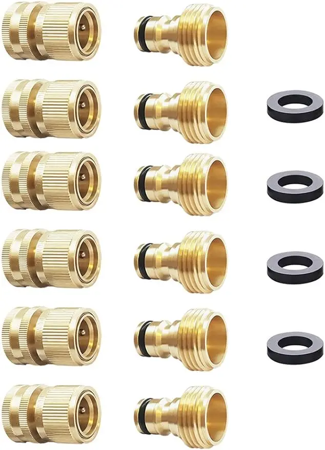 HQMPC Garden Hose Quick Connect Solid Brass Quick Connector Garden Hose Fitting Water Hose Connectors 3/4 inch GHT (6 Sets)