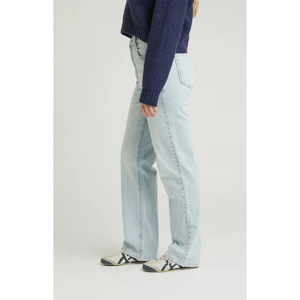 Damenjeans mit Taschen, schlicht, stilvoll, blau, niedrige Taille, lässig, weites Bein, Denim-Hose