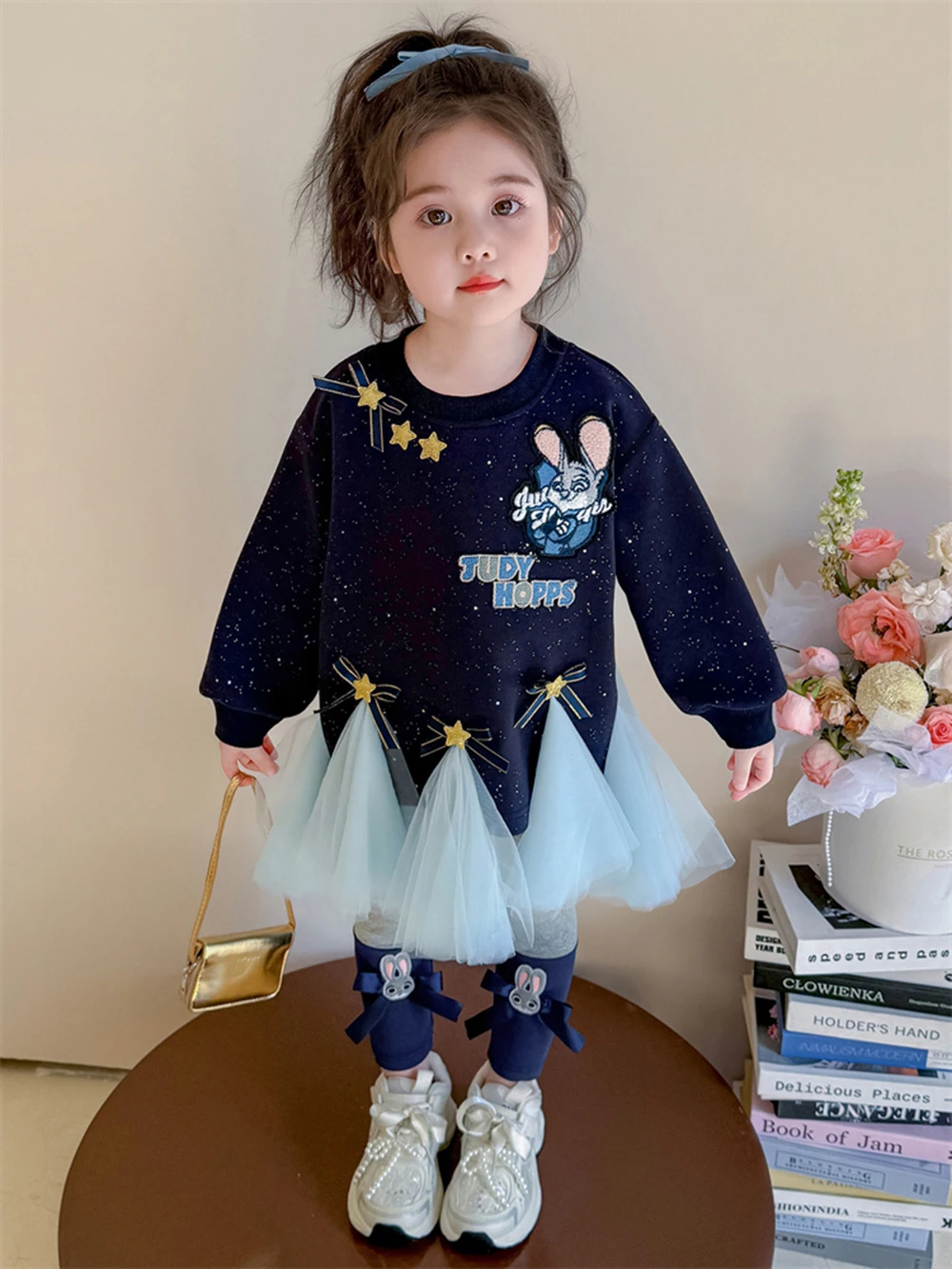 

Disney Judy Rabbit Cartoon 2PC Set 2-7T Girls Long Sleeve Mesh Patchwork O-neck Top+Elastic Color Block Leggings Children Outfit