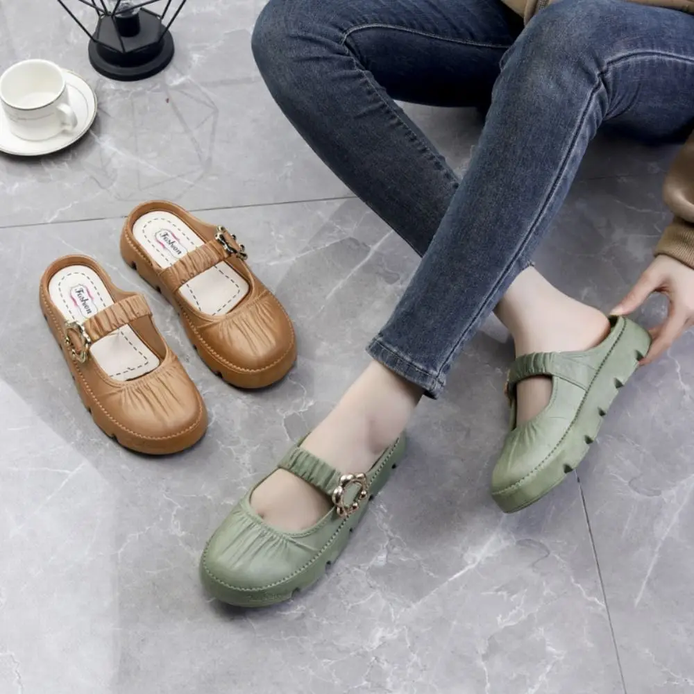 Zapatillas planas antideslizantes de estilo coreano para mujer, sandalias deslizantes de suela blanda con punta redonda, zapatos dulces, zapatillas de cuero PU para mujer