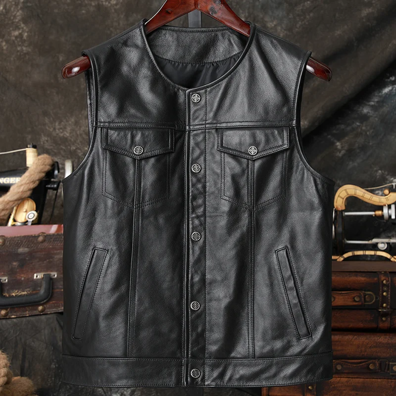 Picture Stock Big Real and Tall Mans Vest Cowhide Leather Waistcoat Spring European Fashion Vest Coat For Men Genuine Leather