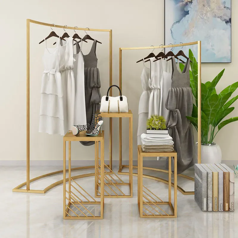 

Curved wedding dress display rack, gold coatrack for clothing stores, simple high-low island water station for bedrooms