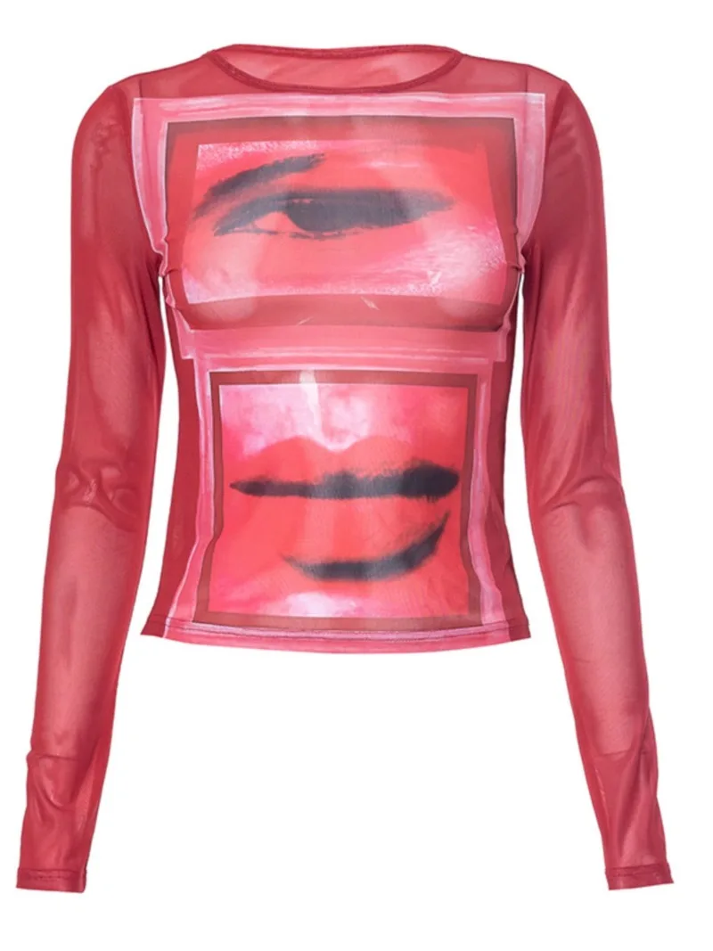 2025 Nowy japoński letni nowoczesny abstrakcyjny nadruk Cienka koszulka z długim rękawem Y2K Subculture T-shirt dla kobiet