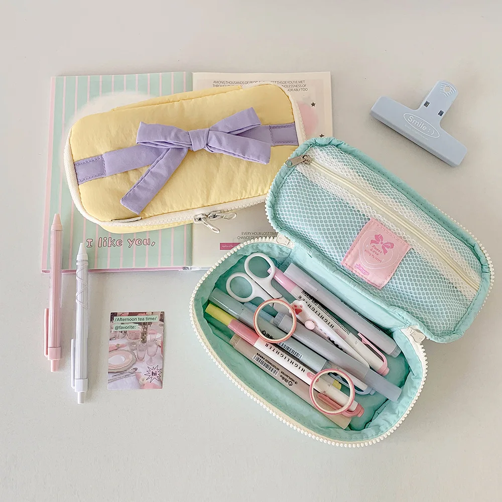 مقلمة قلم رصاص ناعمة من Pastel Balletcore للفتيات على شكل فيونكة قرطاسية ذات سعة عالية وسحاب لحقيبة مستحضرات التجميل