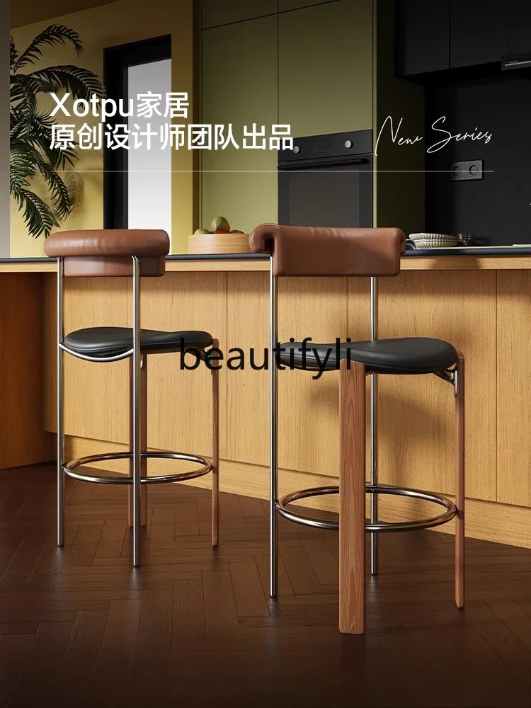 

01A Vintage Bar Stool for Home Use, High Bar Stool with Genuine Leather and Solid Wood Backrest