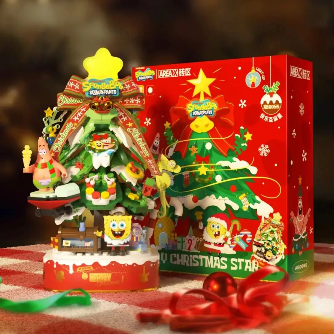 سبونجبوب سكوير بانتس شجرة عيد الميلاد صندوق تشغيل الموسيقى اللبنات مع الإضاءة سطح المكتب ديكور لغز تجميع للأطفال هدية عيد الميلاد #3