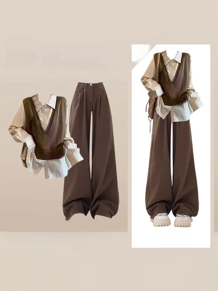 Retro Hong Kong Sle Layered Winter Faion Gilet lavorato a maglia irt da donna Pantaloni dritti a gamba larga Set Ele Casual Outfit