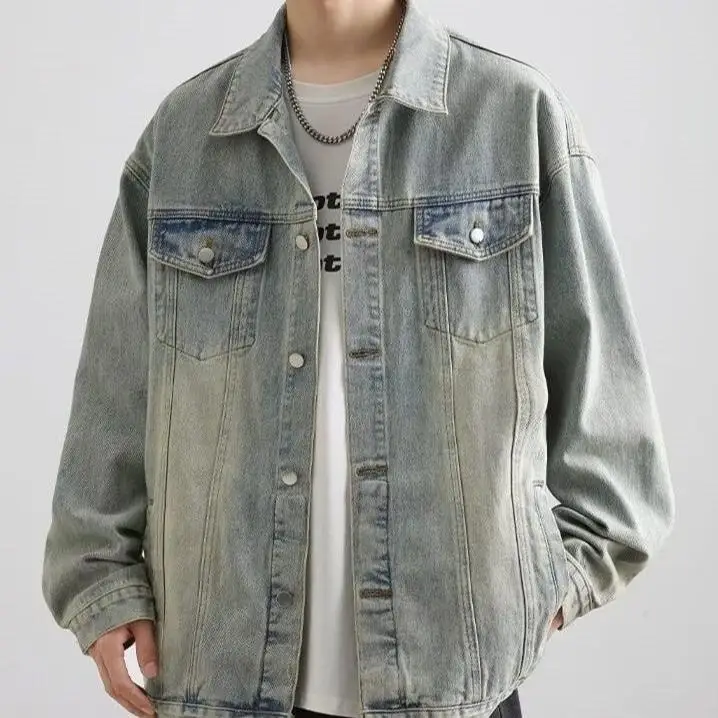 Retro American Washed Denim Jacket Men's Spring Autumn Loose Versatile Vintage Trendy Brand Collar Button Decorated Coat