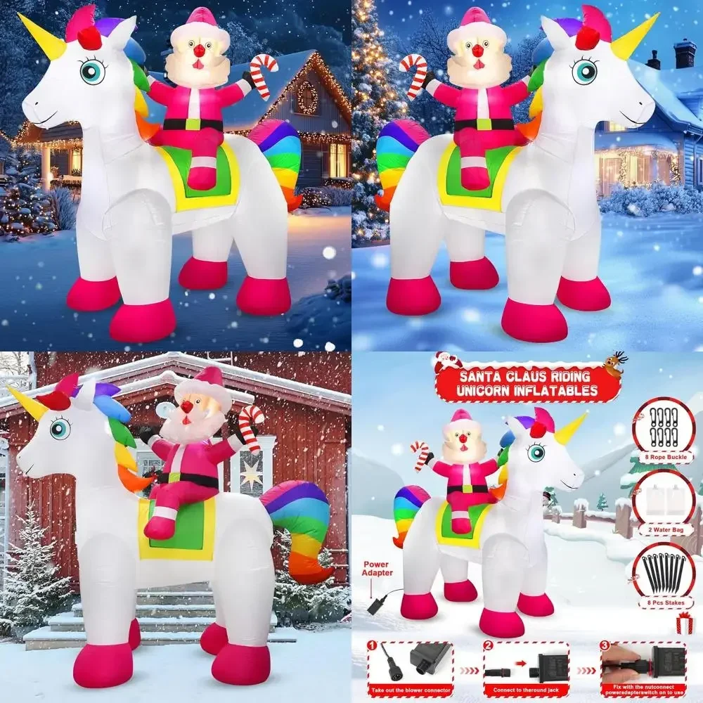 

7,2-футовый Санта на единороге, рождественский уличный надувной светильник со светодиодной подсветкой, украшением для газона и крыши