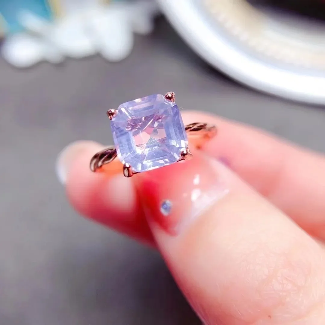 

100% Natural Amethyst Ring 8mm*8mm 2ct Lavender Amethyst 925 Silver Ring Simple 18K Gold Plating Crystal Jewelry