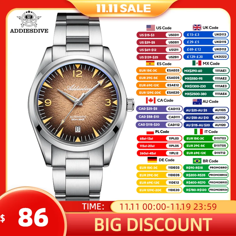 

ADDIESDIVE Мужские часы с градиентом, новые автоматические механические наручные часы 39 мм, водонепроницаемые 100 м, светящееся куполообразное стекло с AR-покрытием AD2508