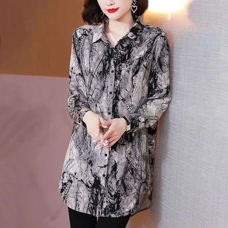 Ladies Blouses 2025 Spring Mid-Length Long Sleeve Shirts Loose Fit Printed Base Blouse for Women