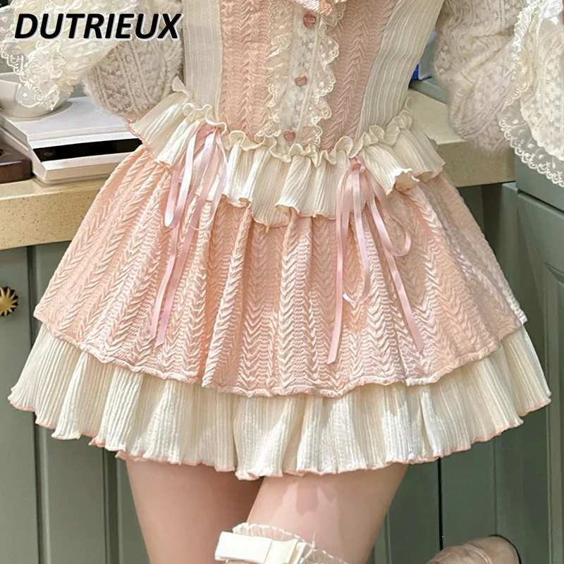 Spring Autumn Women's Two Piece Sets Lolita Style Long Sleeve Top and Skirt Set Sweet Cute Hot Girl Princess Elegant Outfit