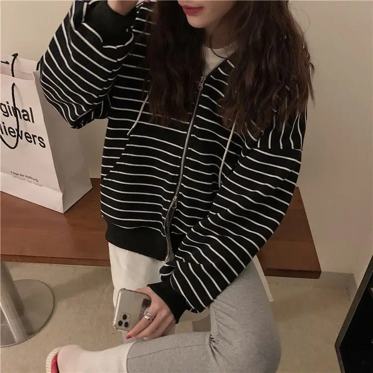 Korean Style Hoodies For Girls Top Zip Up Oversized Hooded Sweatshirt Women Vintage stripe Long Sleeve Jacket Casual Large Coats