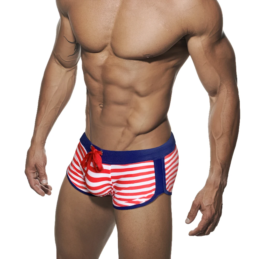 

Sexy Men Striped Swimwear Man Low Rise Surf Shorts Red Stripes Swim Trunks Man Bathing Suit Gay Bikini Swimsuits XL