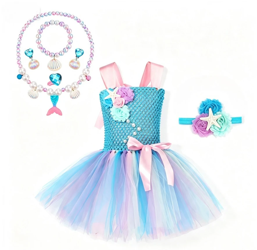Mermaid Gradient Pearl Floral Decoration Sweet Style Tutu Dress Summer Ocean Beach Party Role Play Casual Sister Matching Outfit