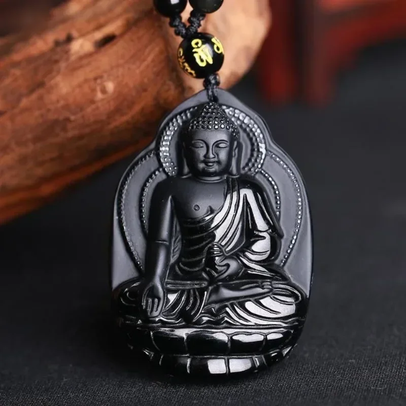 Natural Black Obsidian Medicine Master Buddha Pendant Beads Necklace Fashion Charm Jewellery Hand-Carved Lucky Amulet Gifts