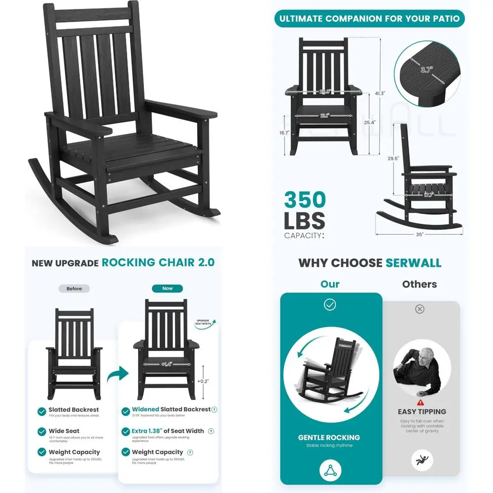 SERWALL Oversized Rocking Chair, Outdoor Rocking Chair for Adults, All Weather Resistant Porch Rocker for Lawn Garden, Black
