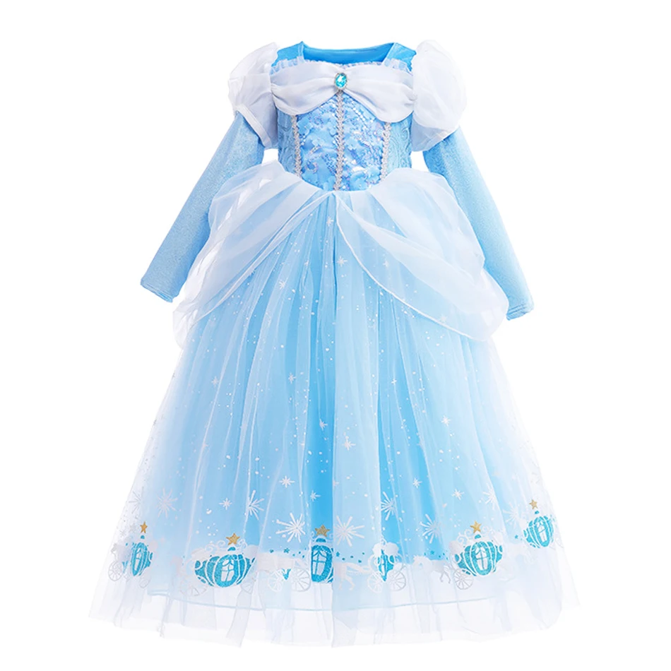 Cinderella Dress for Girls Long Sleeve Princess Costumes Cosplay Blue Sequin Children Bithday Surprise Kids Ball Gown