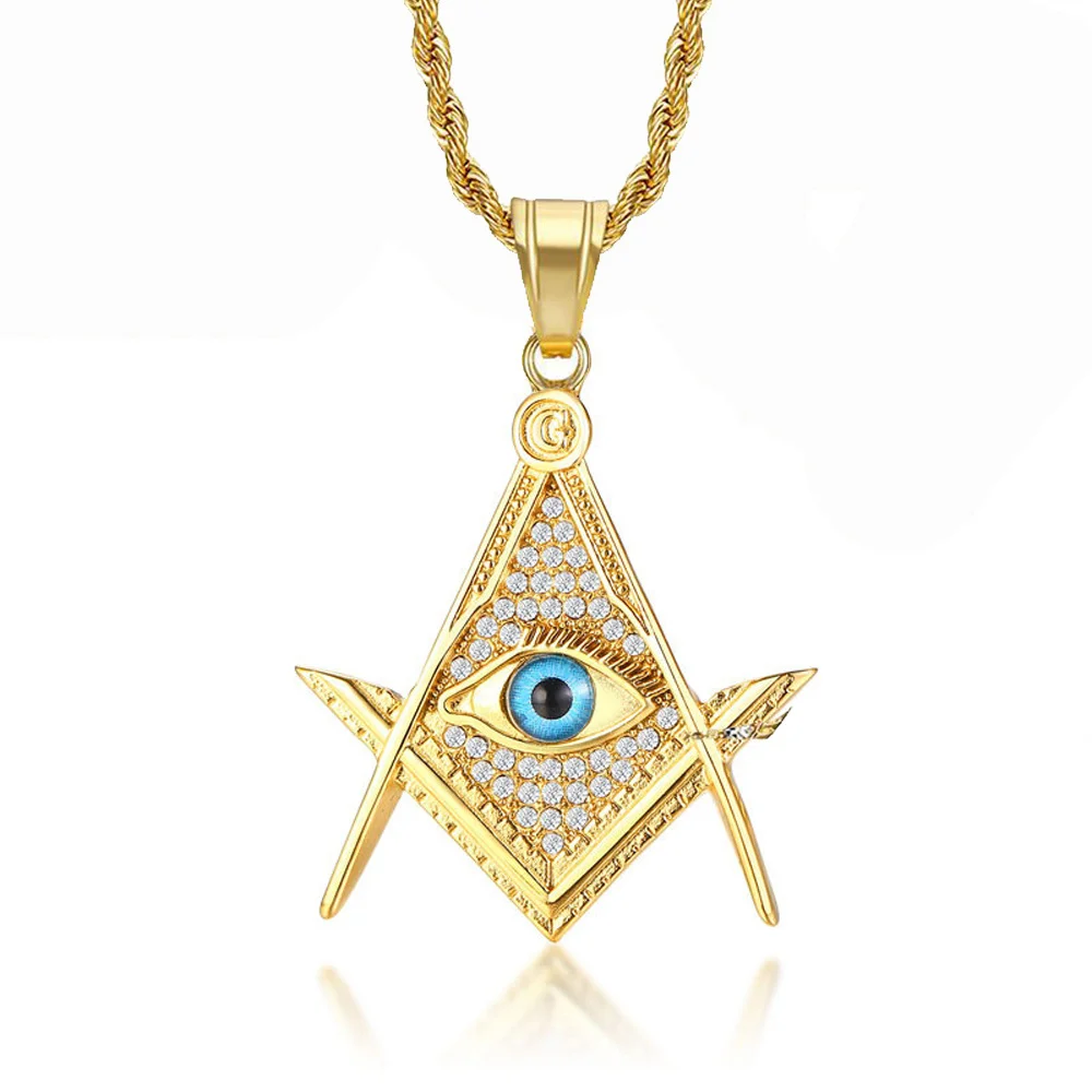 

Hip Hop Iced Out Evil Eye Masonic Symbol Pendants Male Gold Color Stainless Steel Freemason Necklace for Men Mason Jewelry Gift